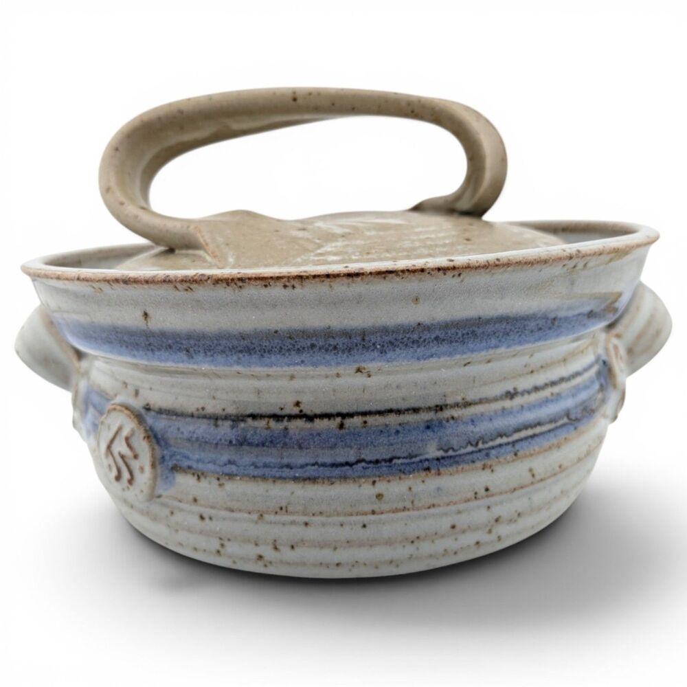Vintage Studio Pottery Lidded Stoneware Dish Blue Stripe Handmade Covered Bowl